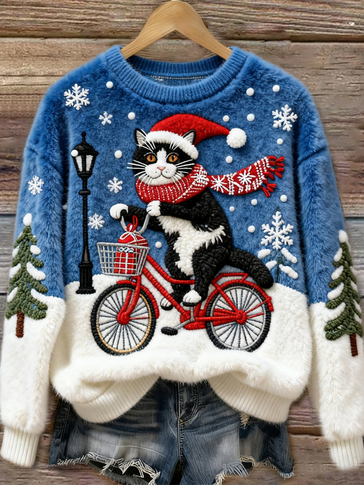 Christmas Bicycle Cat Women's Cozy Plush Sweater