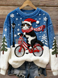 Comstylish Christmas Bicycle Cat Women's Cozy Plush Sweater
