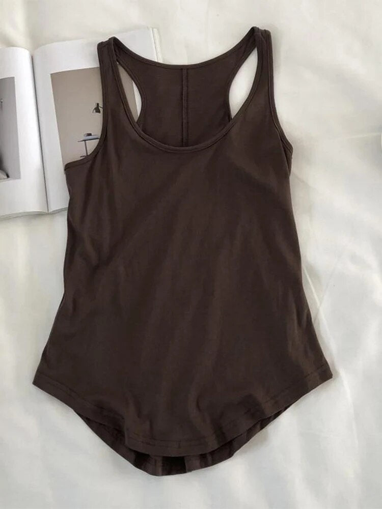 Irregular Tank Tops Summer O-neck Black Sleeveless Tshirt Top Color Loose Basic Camisole Female Fitness Sport Vest