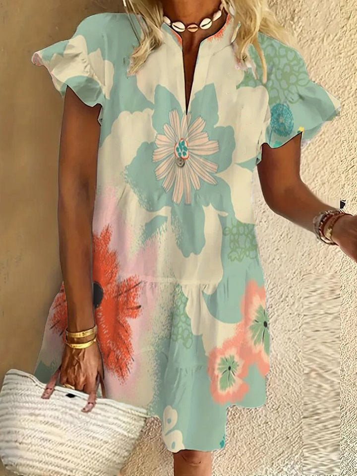 Flower ruffle short-sleeved V-neck button dress holiday beach dress