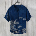 Men's Vintage Japanese Art Sea Wave V Neck Casual Linen Blend Shirt elevenforest