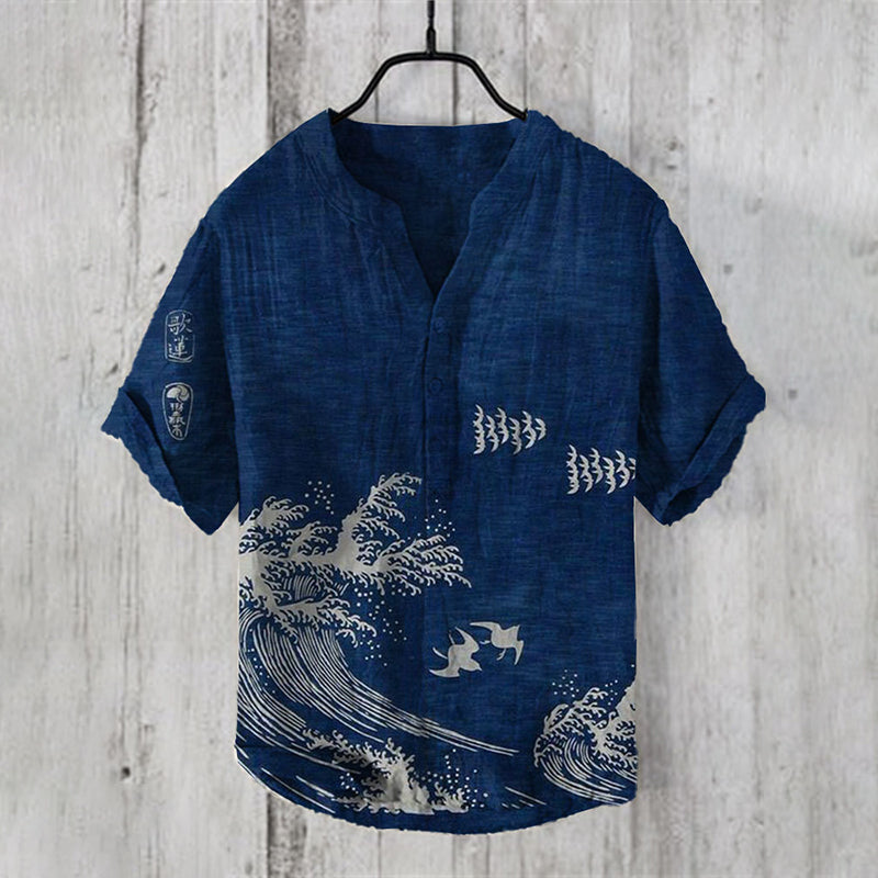 Men's Vintage Japanese Art Sea Wave V Neck Casual Linen Blend Shirt elevenforest