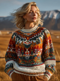 Fair Isle Style Elements Women's Round Neck Knit Sweater elevenforest