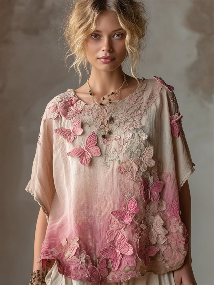Pink Butterflies Embroidered Gradient Flowy Linen Shirt elevenforest