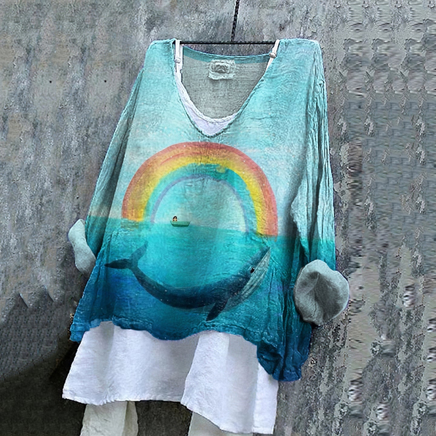 Vintage Fantasy Whale In Rainbow Dreamy Art Pattern Linen Blend Tunic elevenforest