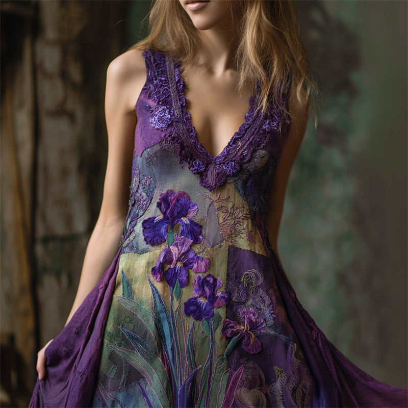 Purple Irises Fiber Art Embroidered Lace Patchwork Linen Dress elevenforest