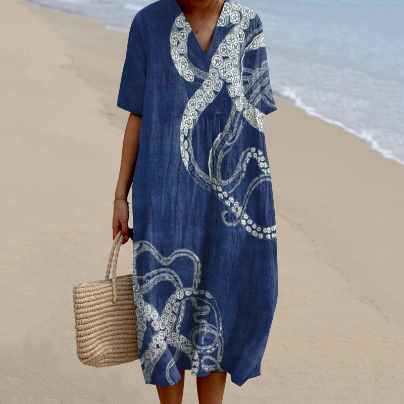 Women's Octopus Art Print V-Neck Midi Dress elevenforest