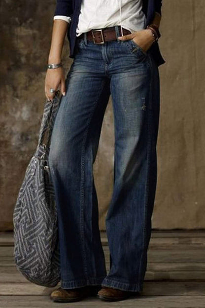 Make Old Without Belt High Waist Loose Denim Jeans(no Belt)(3 Colors)