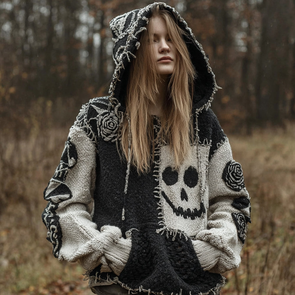 Women's Funny Smiley Face Black And White Hooded Sweater elevenforest