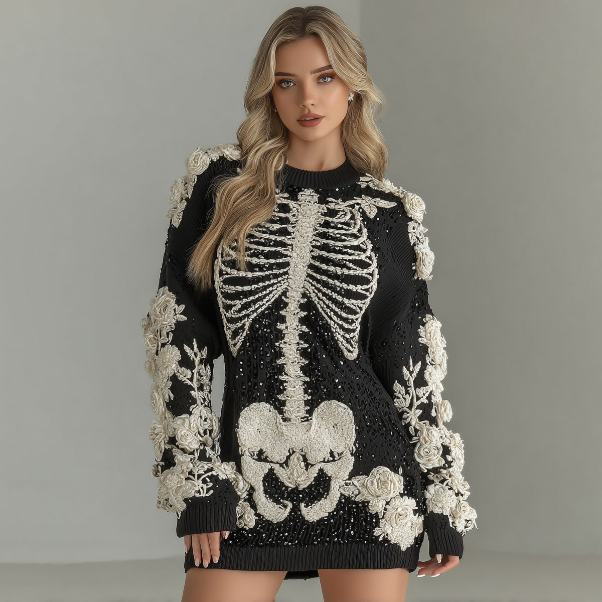 Women's Halloween Skeleton Bones With Rose Art Hot Sexy Style Cozy Knit Mini Sweater Dress elevenforest