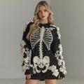 Comstylish Women's Halloween Skeleton Bones With Rose Art Hot Sexy Style Cozy Knit Mini Sweater Dress