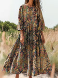 Women's Retro Ethnic Totem Printed Flowy Cotton Crew Neck Dress