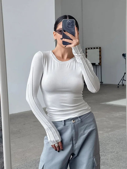 White Pleated Classic Basic Knitted Tees Inner Thin Pullover Tops Black Slim Office Lady T-shirts O-neck