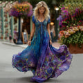 Women's Vintage Floral Art Linen V Neck Dress elevenforest