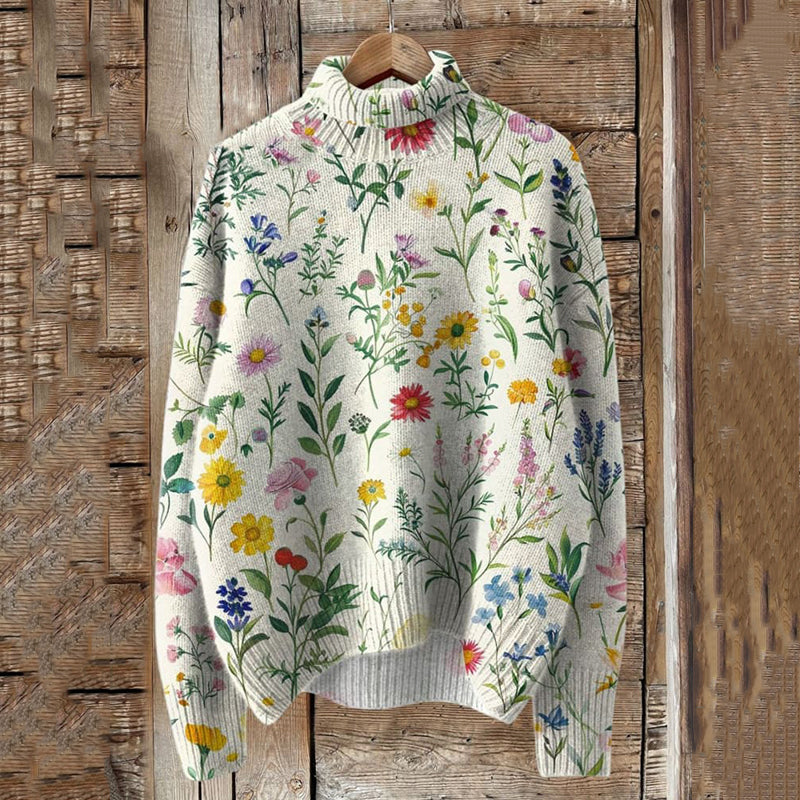 Lovely Floral Art Print Knit Turtleneck Pullover Sweater elevenforest
