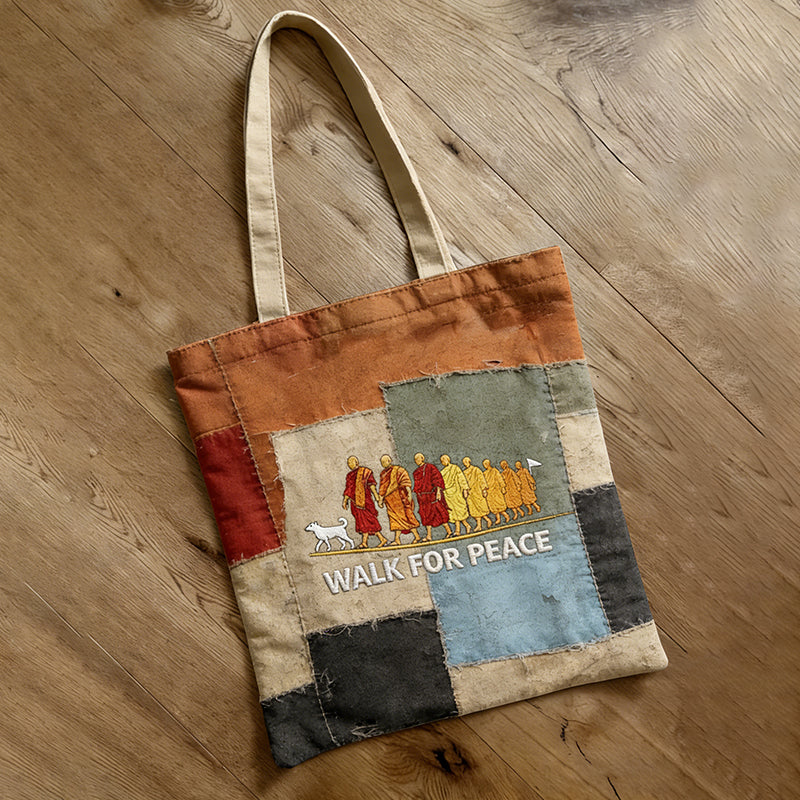 Comstylish Walking Peace Slogan In Patchwork Ecofriendly Tote Bag