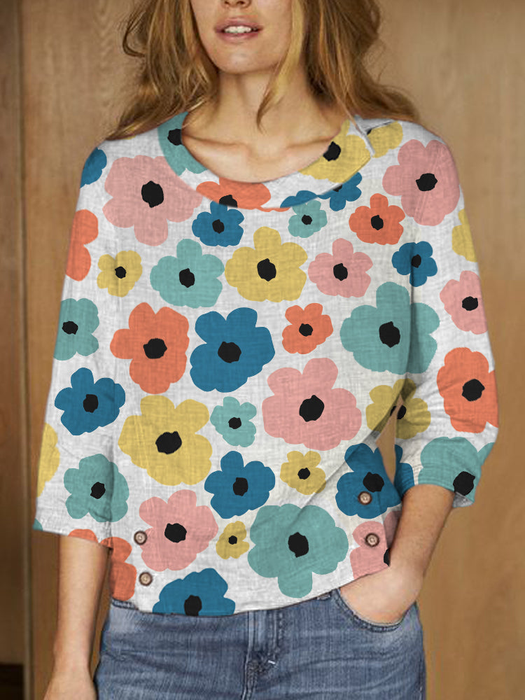 Colorful Flower Art Print Linen Lapel Shirt elevenforest