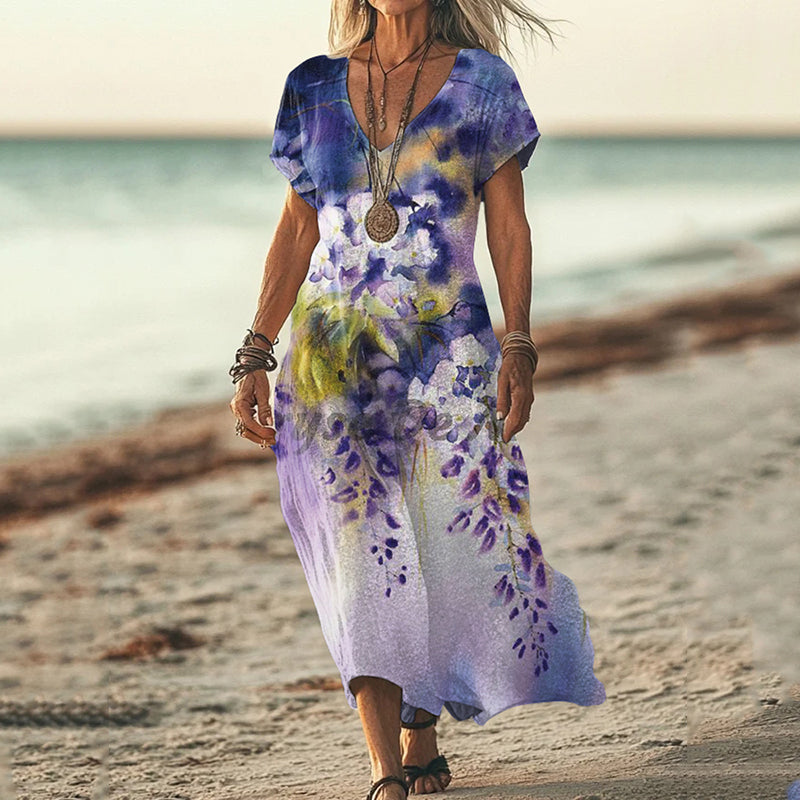 Vintage Purple Floral Art Pattern Casual Maxi Dress elevenforest