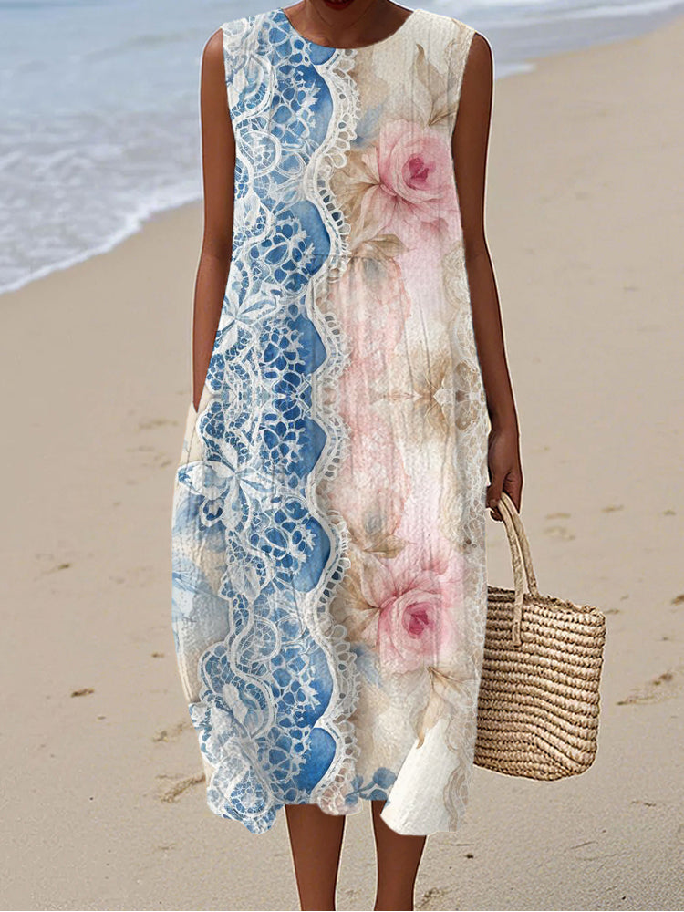 Vintage Lace Floral Pattern Women's Linen Vest Dress elevenforest