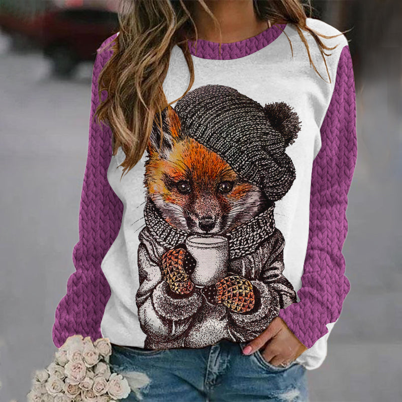 Women's Fox Coffee Print Round Neck Cozy Knit Sweater artswardrobe