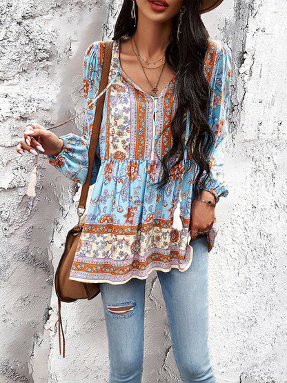 Long Sleeves Loose Buttoned Elasticity Flower Print Split-joint Tasseled V-neck Blouses&shirts Tops