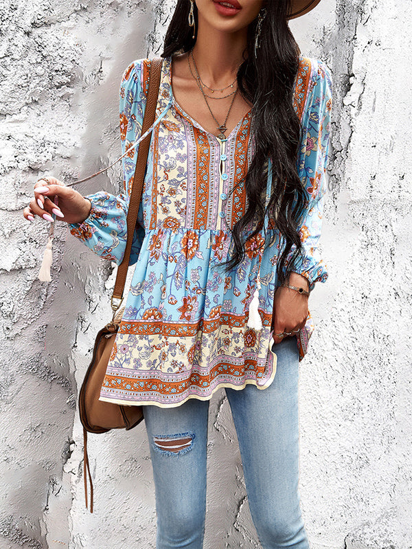 Long Sleeves Loose Buttoned Elasticity Flower Print Split-joint Tasseled V-neck Blouses&shirts Tops