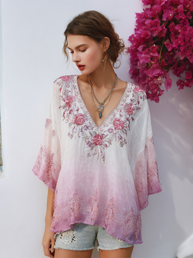 White Powder Gradient Plant Flower Pattern Women Cotton And Linen Shirt elevenforest
