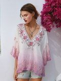 White Powder Gradient Plant Flower Pattern Women Cotton And Linen Shirt elevenforest