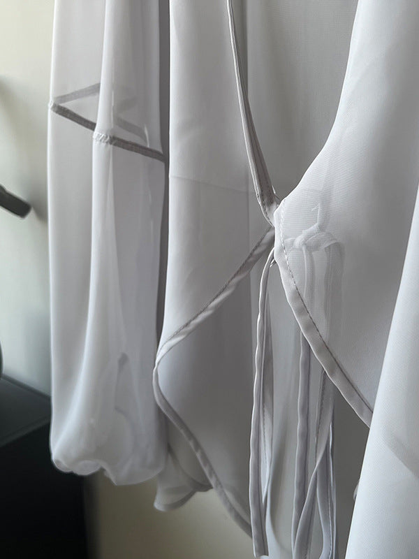 Bishop Sleeve Long Sleeves See-through Split-joint Tied Collarless Blouses&shirts Tops