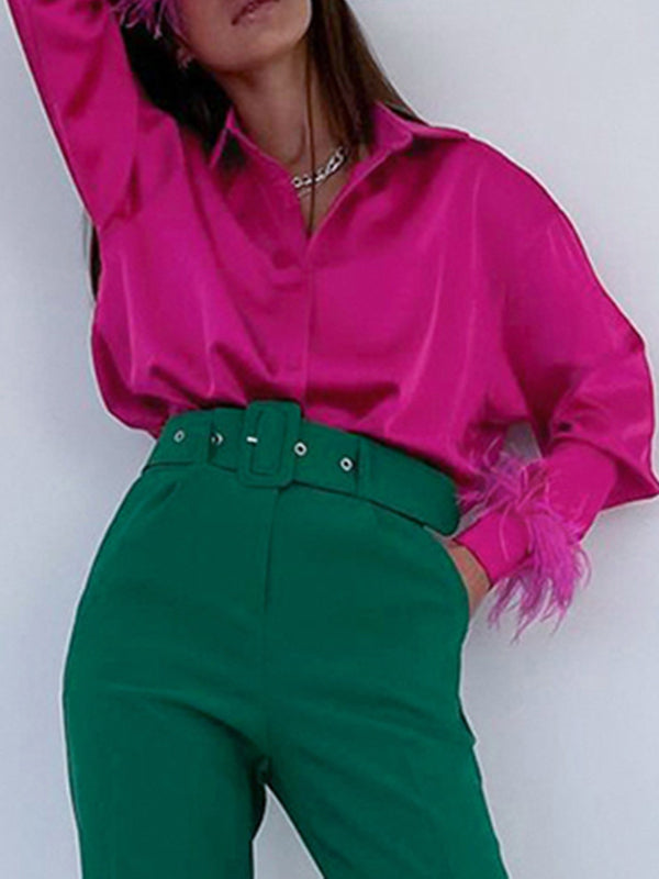 Loose Wrap Feathers Color Split-joint Lapel Collar Blouses&shirts Tops