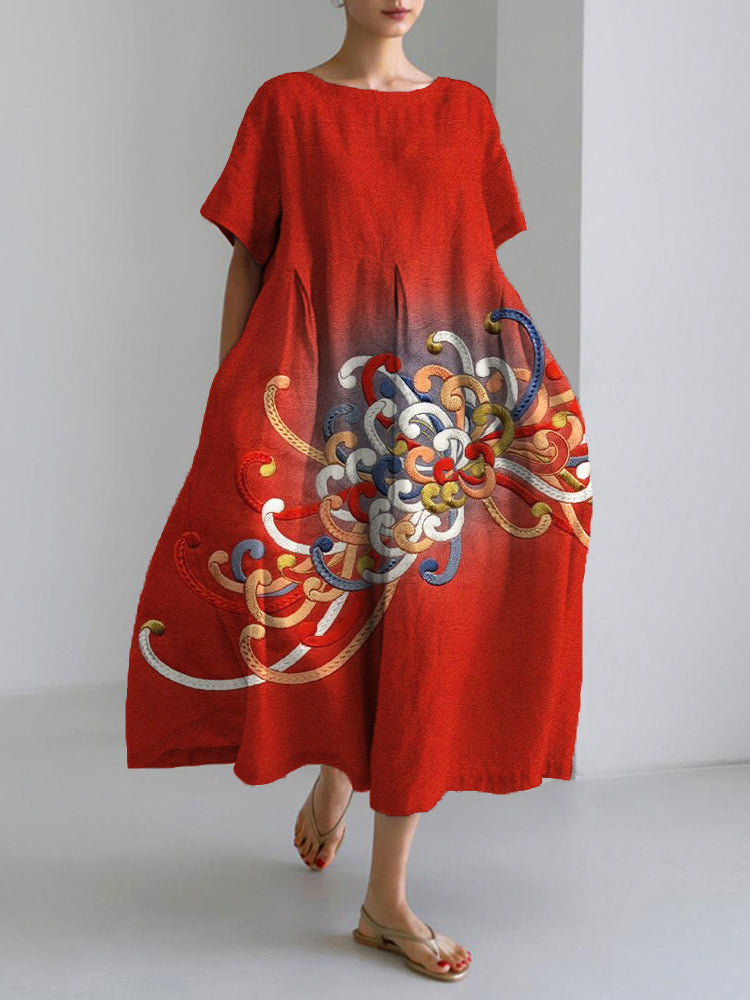 Embroidered Japanese Flower Art Linen Blend Maxi Dress elevenforest