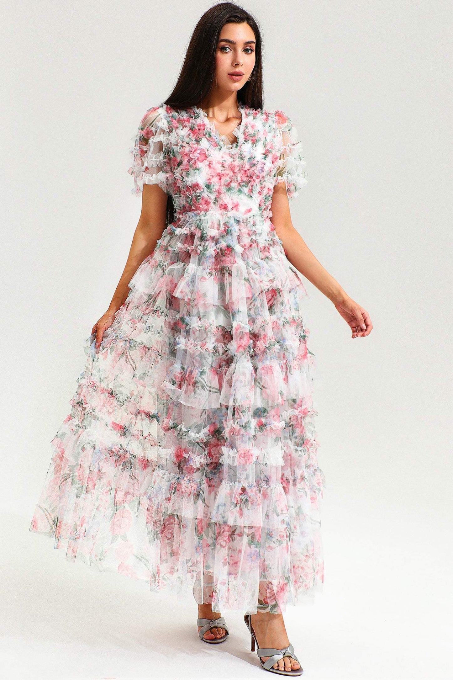 V-neck Short Sleeve Ruffle Tiered Hem Maxi Dress