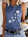Comstylish Women's Denim Paw Print Short Sleeve Tank Top