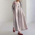 Comstylish Women's Floral And Bird Art Print Linen Long-sleeved Dress