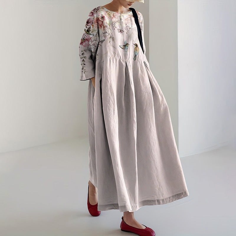 Comstylish Women's Floral And Bird Art Print Linen Long-sleeved Dress