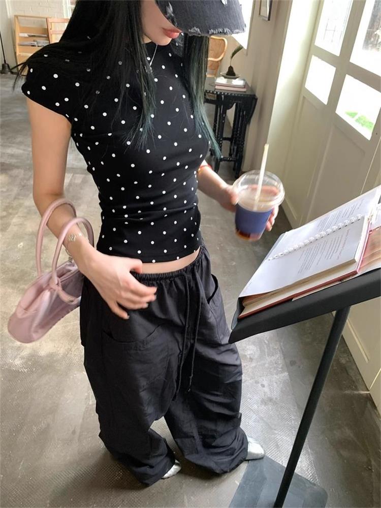 Basic Polka Dot Printed Crop Top Short Sleeve Skinny T-shirt Summer Tee for Y2k Top Harajuku