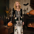 Vintage Halloween Skeleton Bones With Roses Flowy Velvet Maxi Dress elevenforest