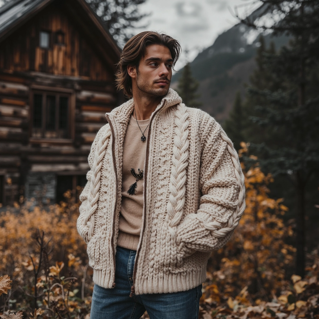 Men'S Burlap Pattern Vintage Stand Collar Zipper Sweater elevenforest