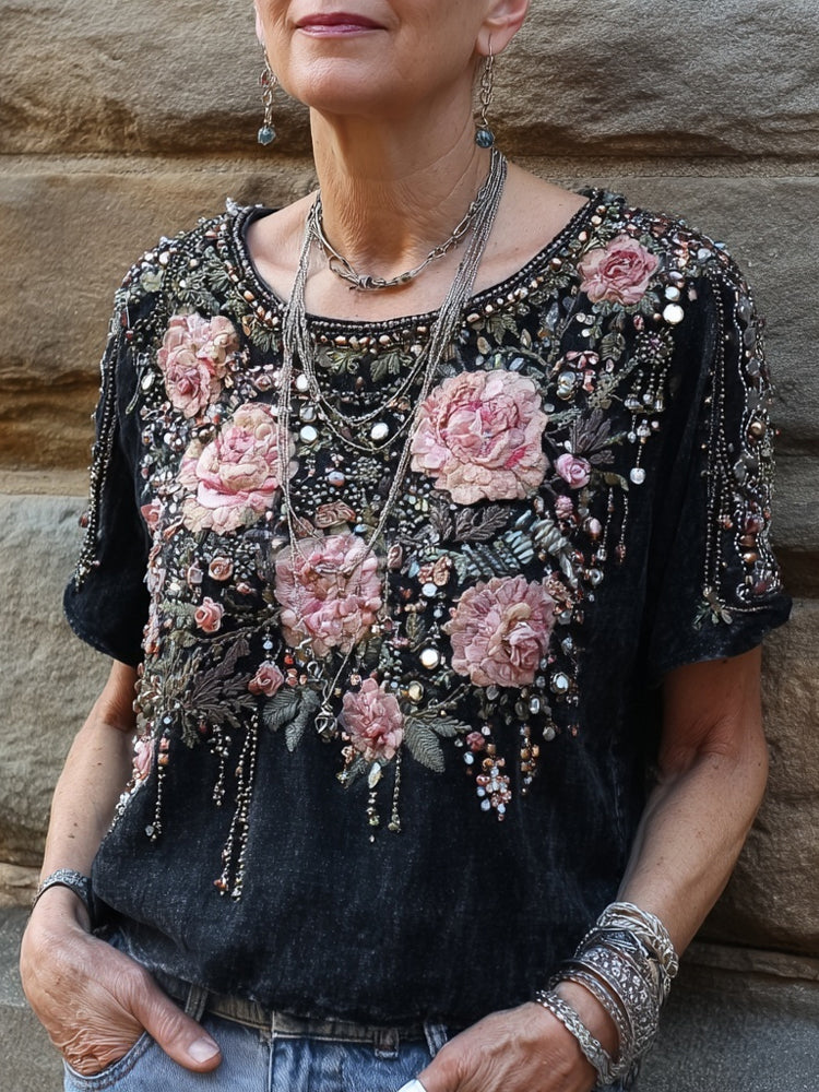 Vintage Glitter Roses Embroidered Crew Neck Linen Shirt elevenforest