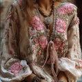 Bohemian Pink Floral Vintage Casual Round Neck Beige Long-sleeved Top elevenforest