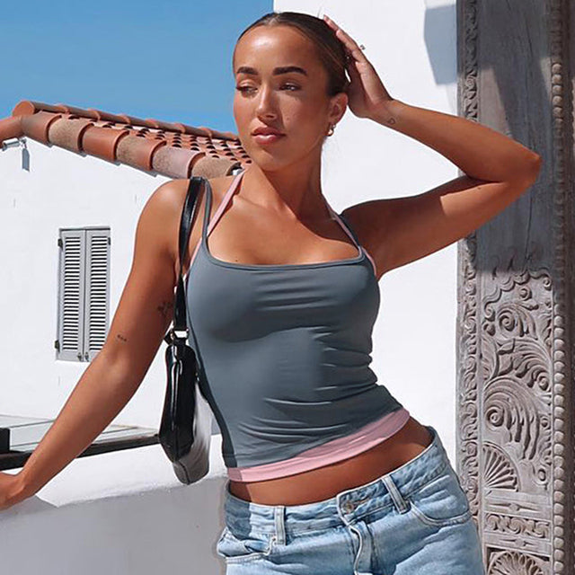 Spring New Adjustable Straps Halter Clash Color Fake Two Piece Square Neck Backless Hottie Girl Style Top