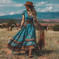Women's Western Geometric Print V-neck Short Sleeve Maxi Dress elevenforest