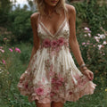Women's Vintage Roses Embroidery Art V-neck Suspender Mini Dress elevenforest