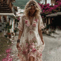 Women's Floral Embroidery Art V Neck Comfy Dress elevenforest