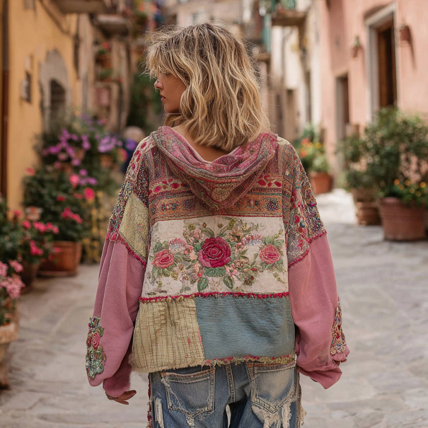 Women's Bohemian Floral And Ethnic Pattern Patchwork Cozy Warm Hoodie elevenforest