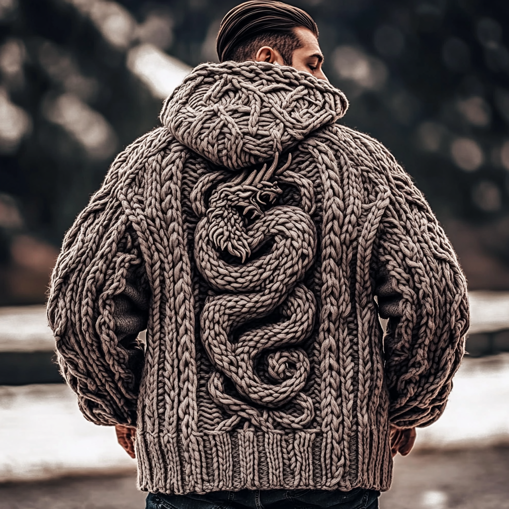 Men's  Dragon Viking Celtic Chunky Knit Hooded Sweater elevenforest