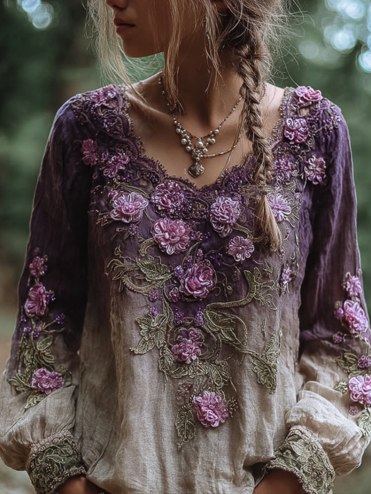 Bohemian Style Round Neck Long Sleeve 3d Purple Flower Design Cotton And Linen Top For Women elevenforest