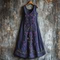 Vintage Bohe Purple Floral Embroidery  Art Linen Tank Dress elevenforest