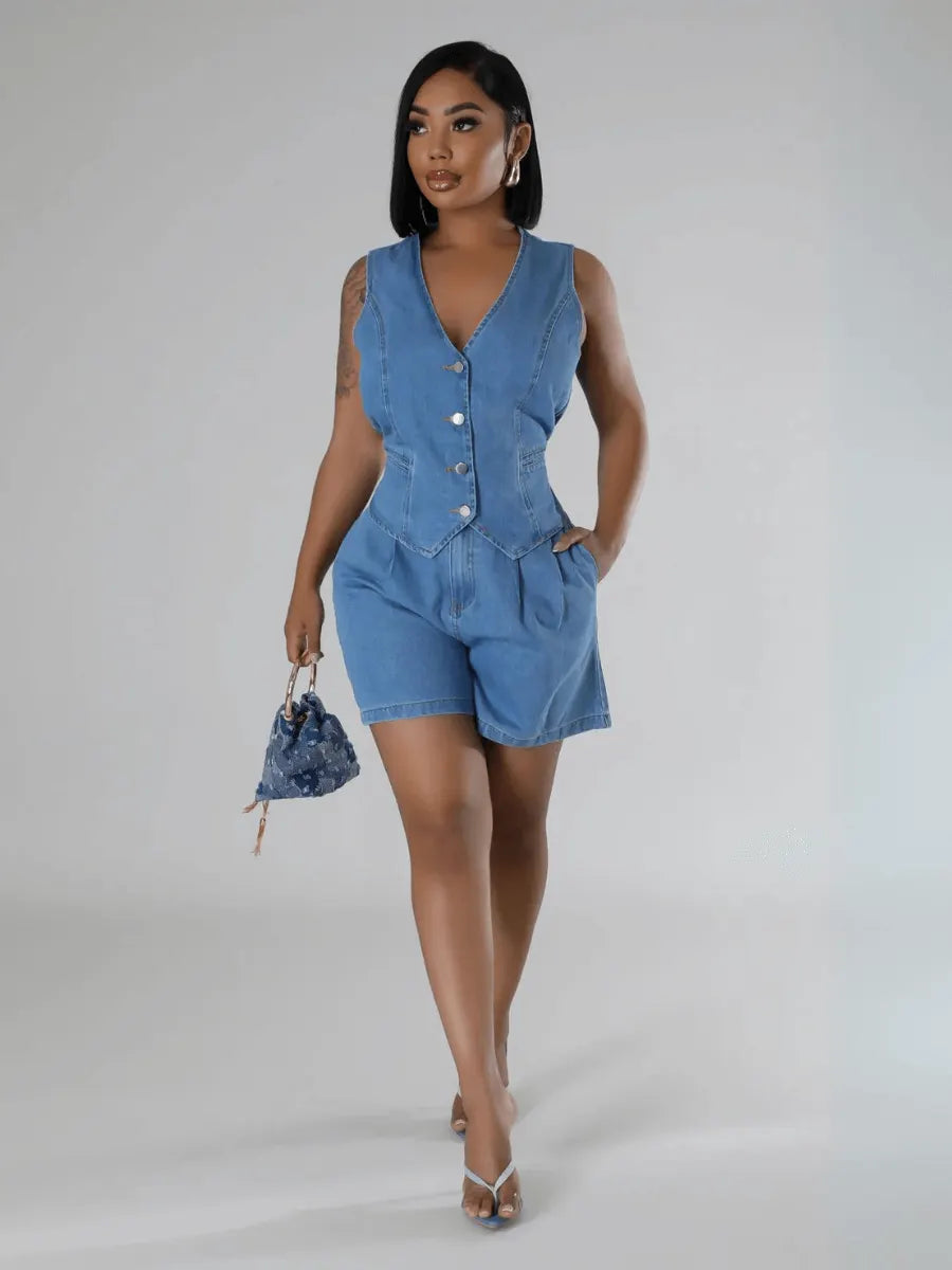 Andi Tuxedo Denim Vest Shorts Matching Set