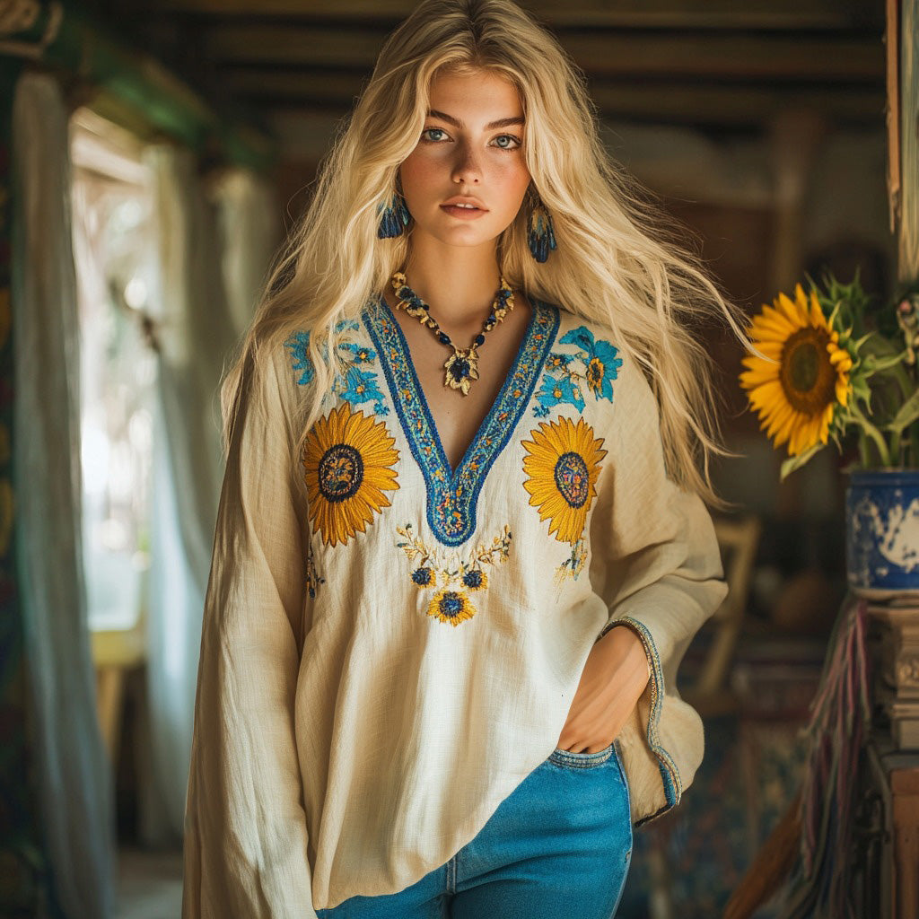 Retro Ukraine  Sunflower Embroidery Blend Linen V Neck Loose Blouse elevenforest